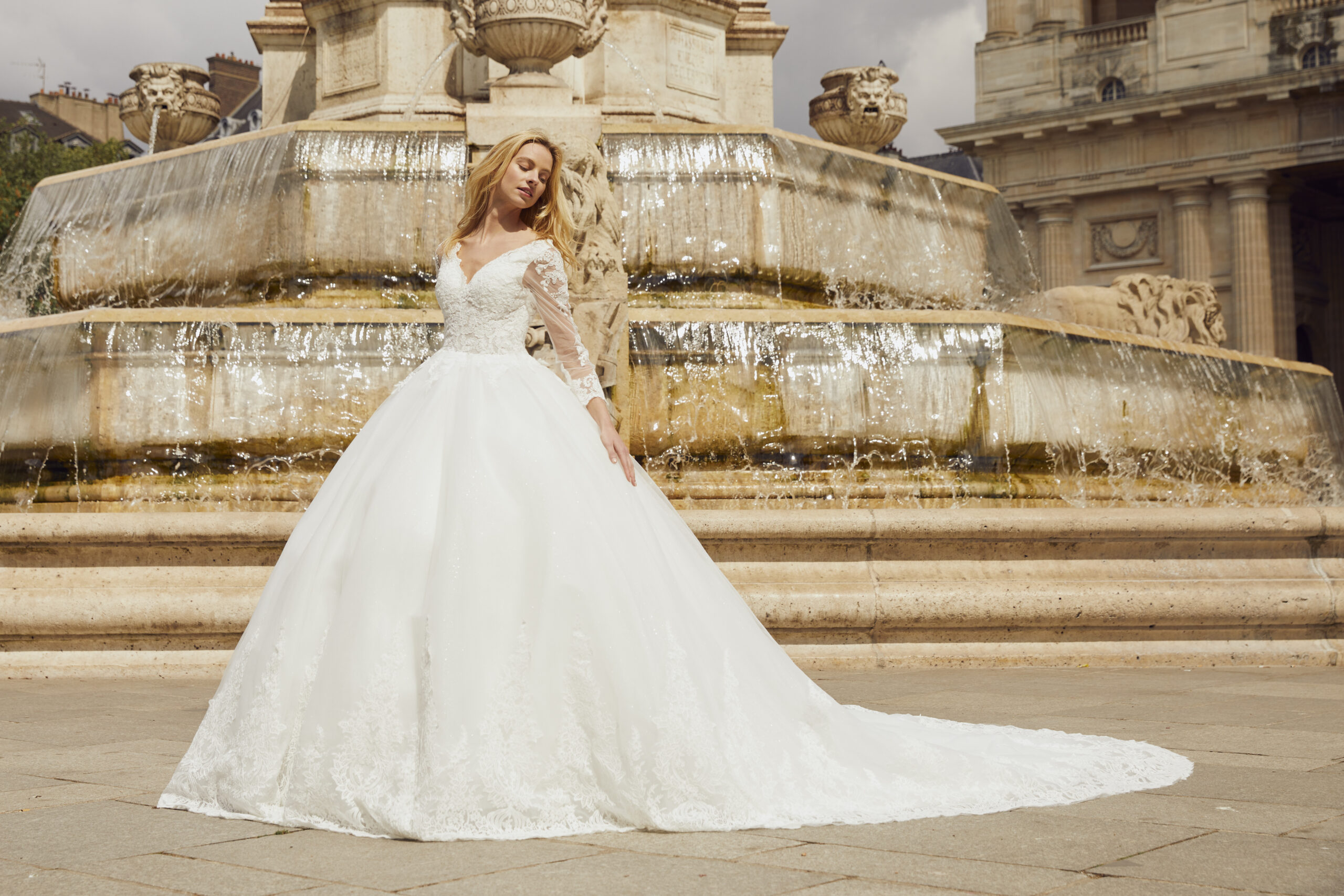 Elegant Ivory A-Line Wedding Dress with Lace Sleeves and Long Train – T3929