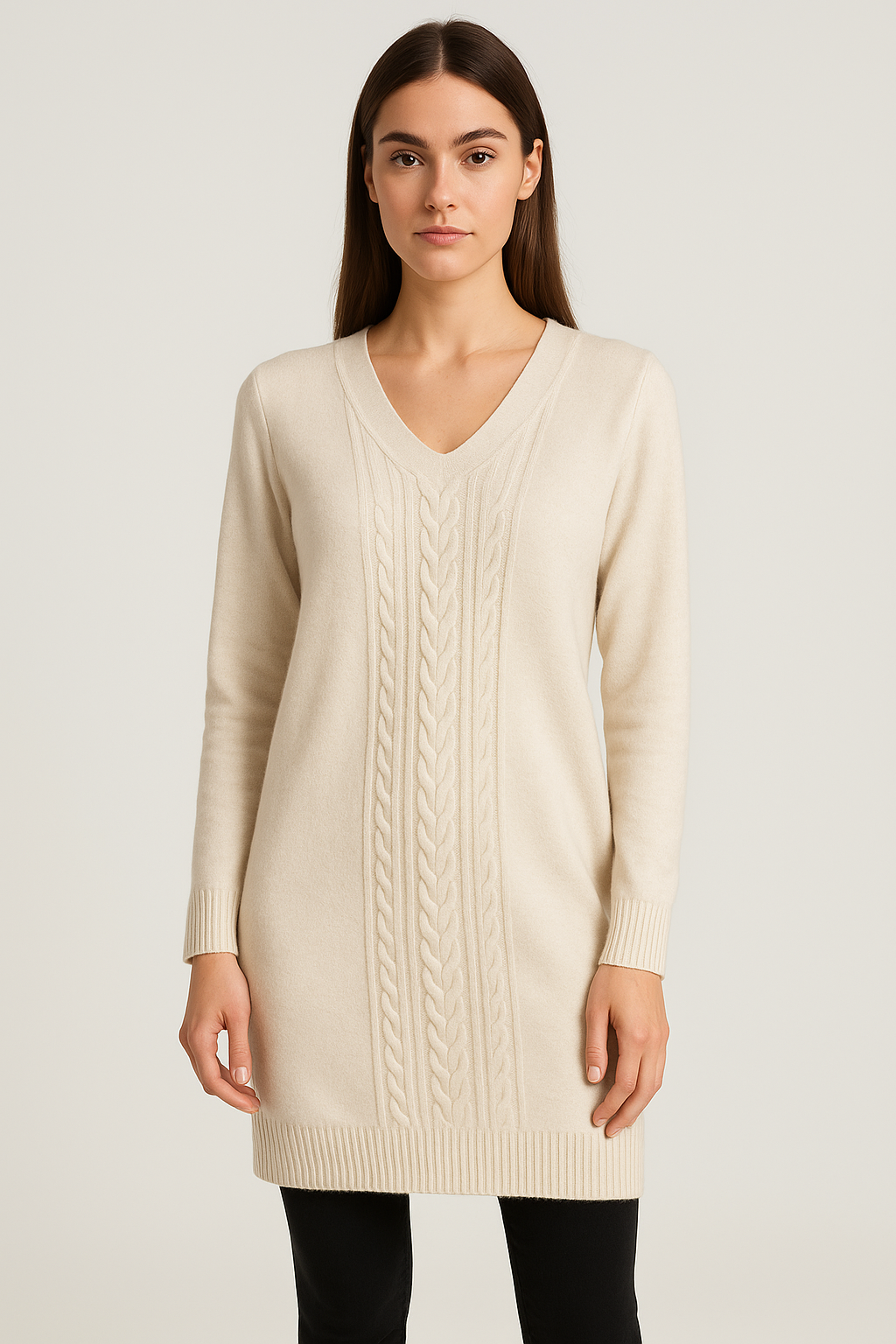 Cable Knit V-Neck Sweater Dress