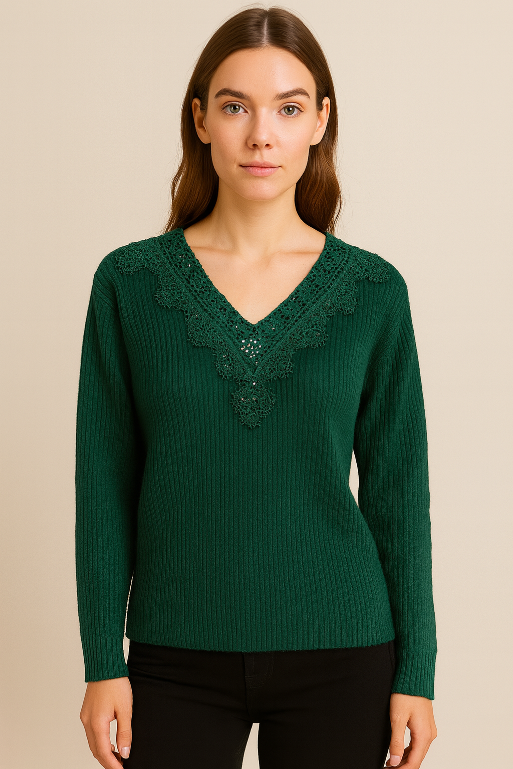 Women’s Green Ribbed Sweater with Lace Neck Detail