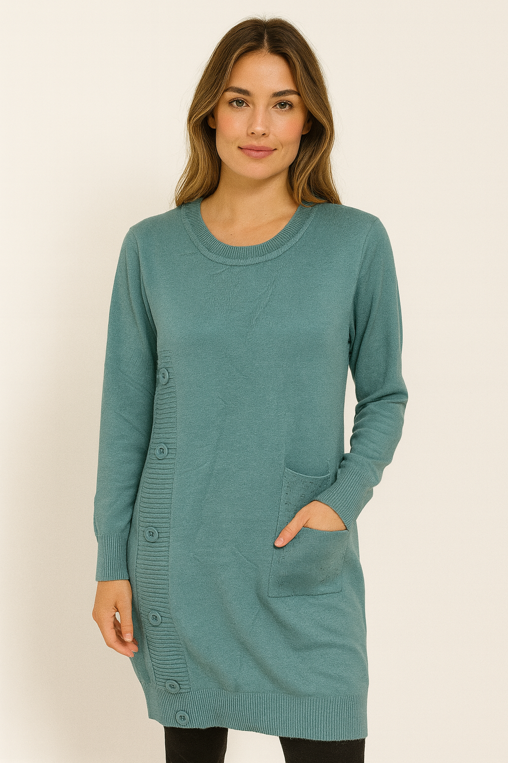 Women’s Teal Long Knit Tunic – Side Button Design