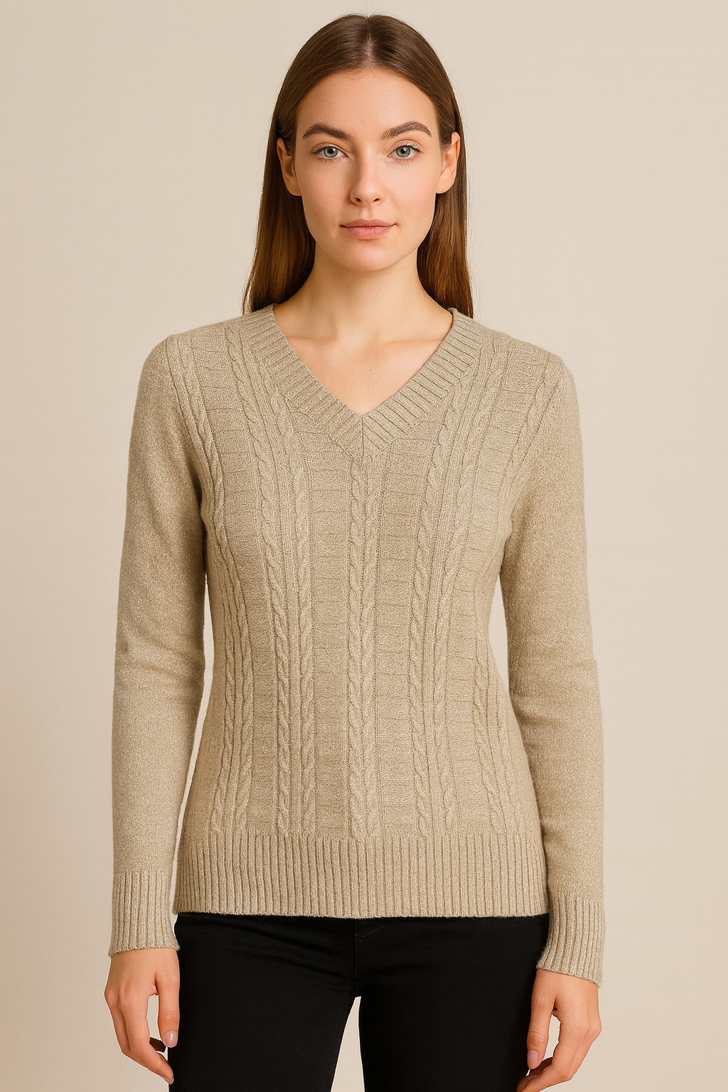 Women’s Beige Cable-Knit V-Neck Sweater