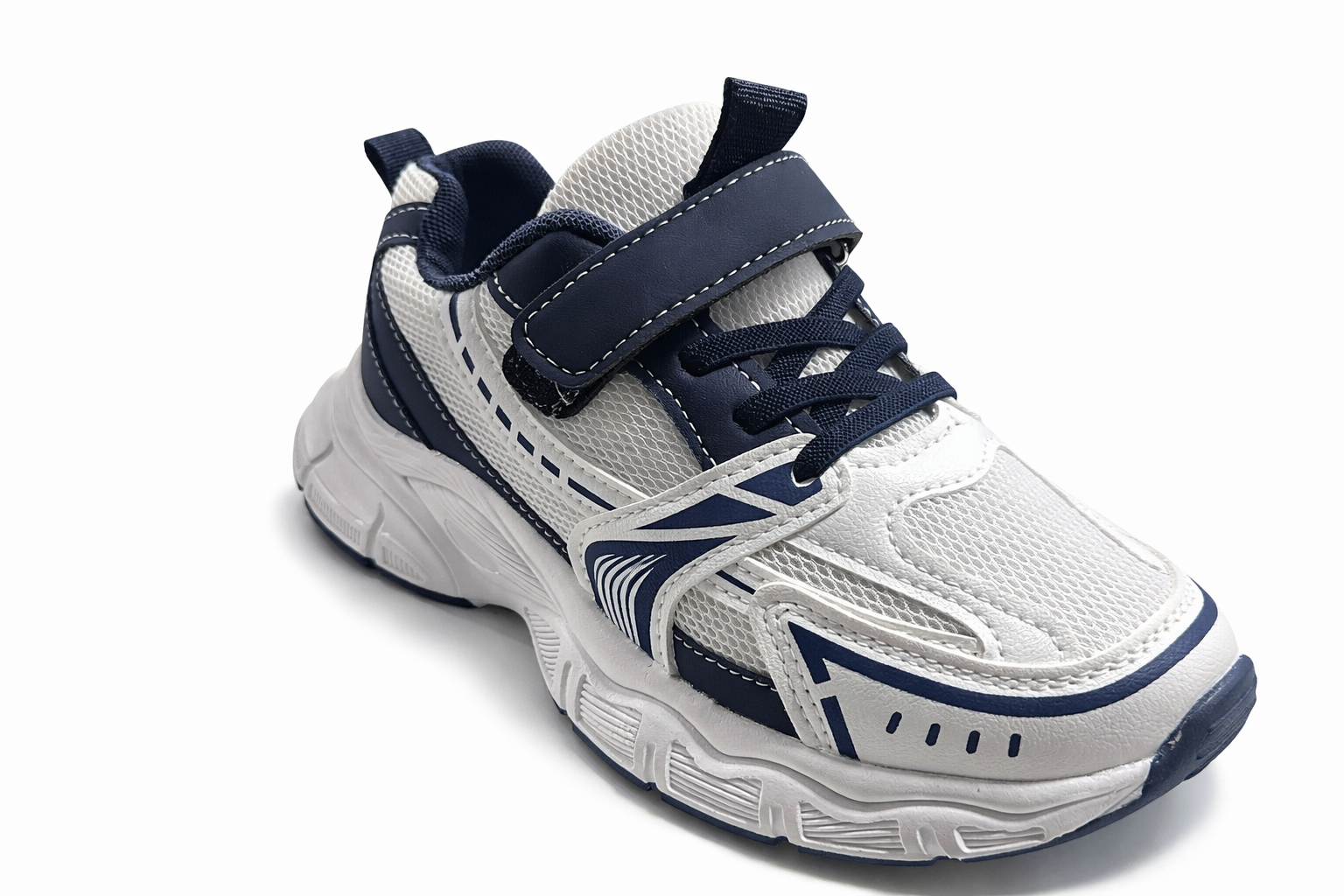 Kids Sport Sneakers – White & Navy (Velcro Strap)