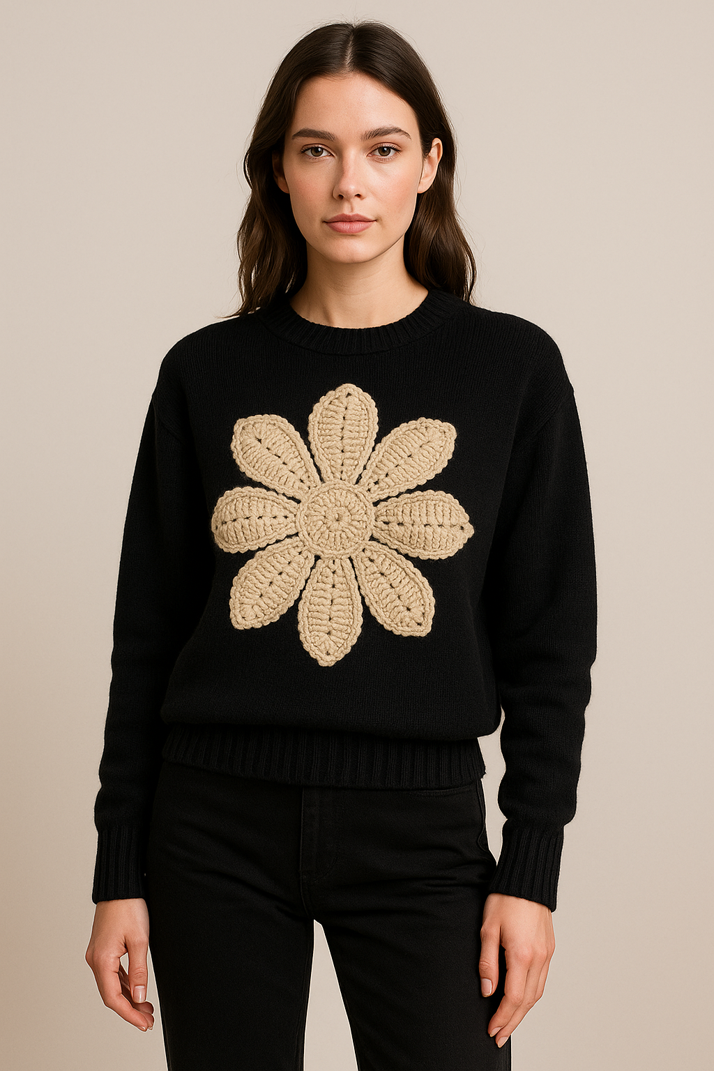 Sweater with Crochet Daisy Motif