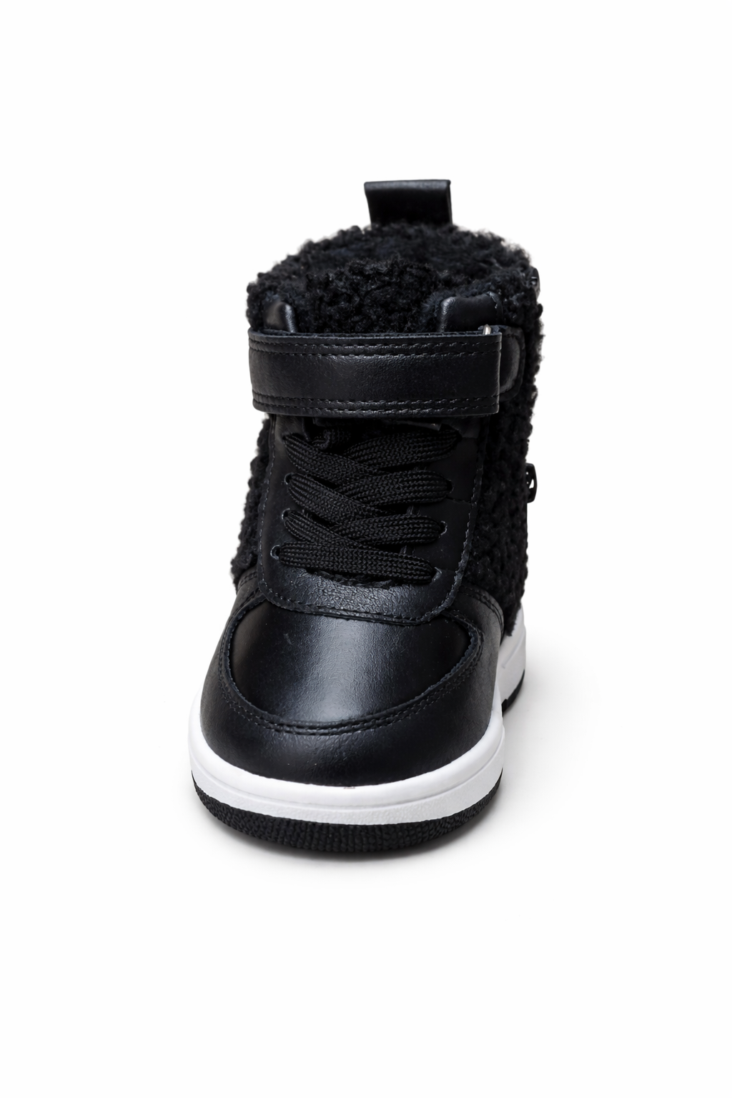 Warm and comfortable kids black winter sneakers with soft fur lining, Velcro strap, laces, and side zipper. Perfect for cold weather and daily wear.