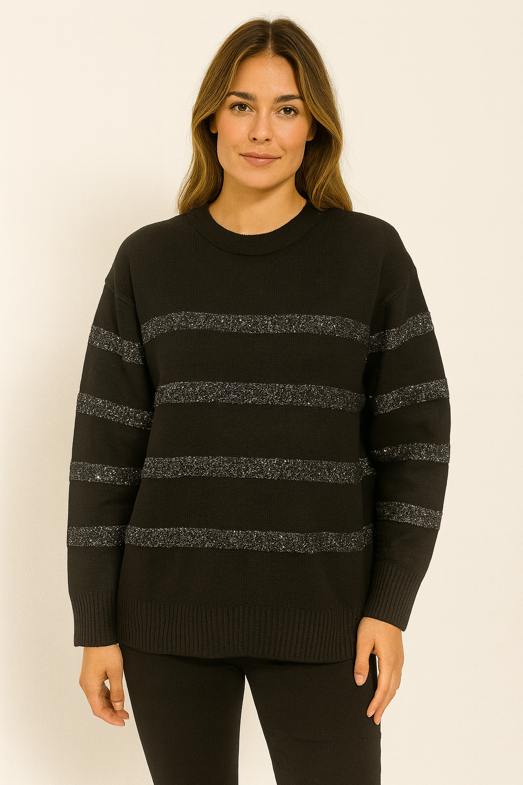 Women’s Black Glitter-Stripe Knit Sweat