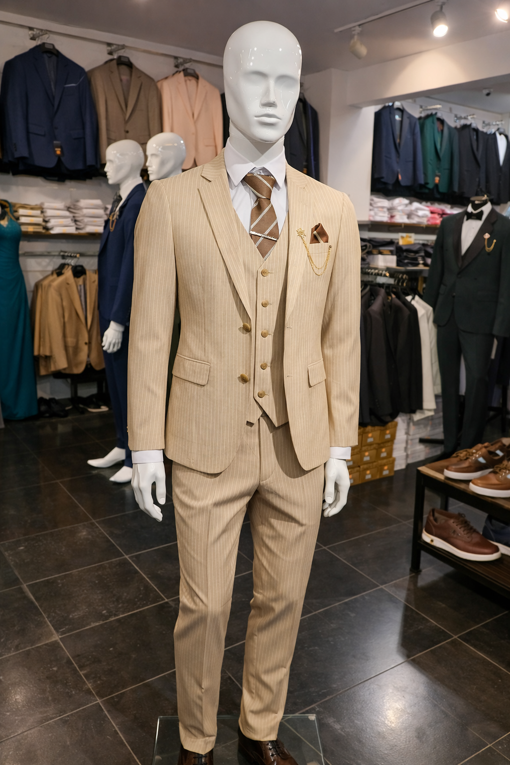 Beige Pinstripe 3-Piece Men’s Suit – Elegant Formal Wear | Chiq Mode