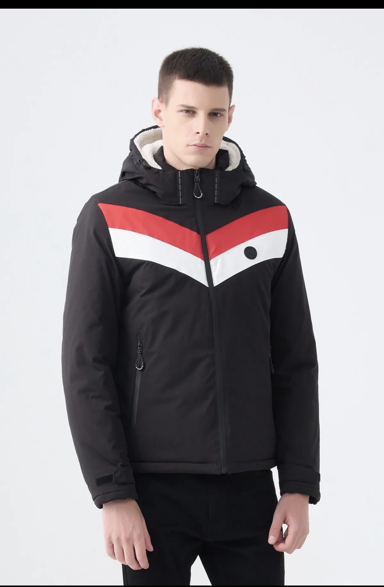5267 – Men's Black Hooded Jacket with Red and White Chevron Stripes