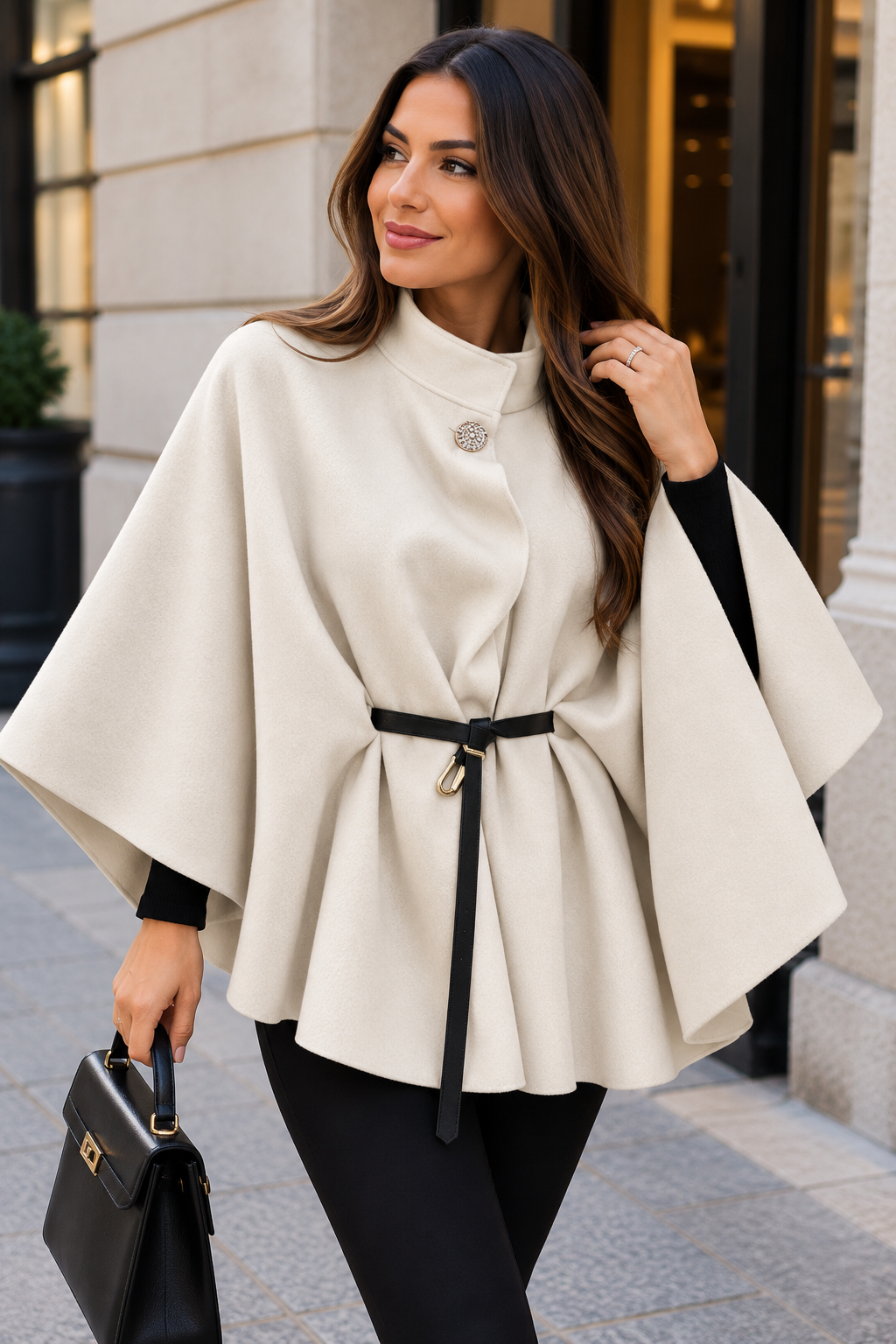Jeweled Button Belted Cape Coat