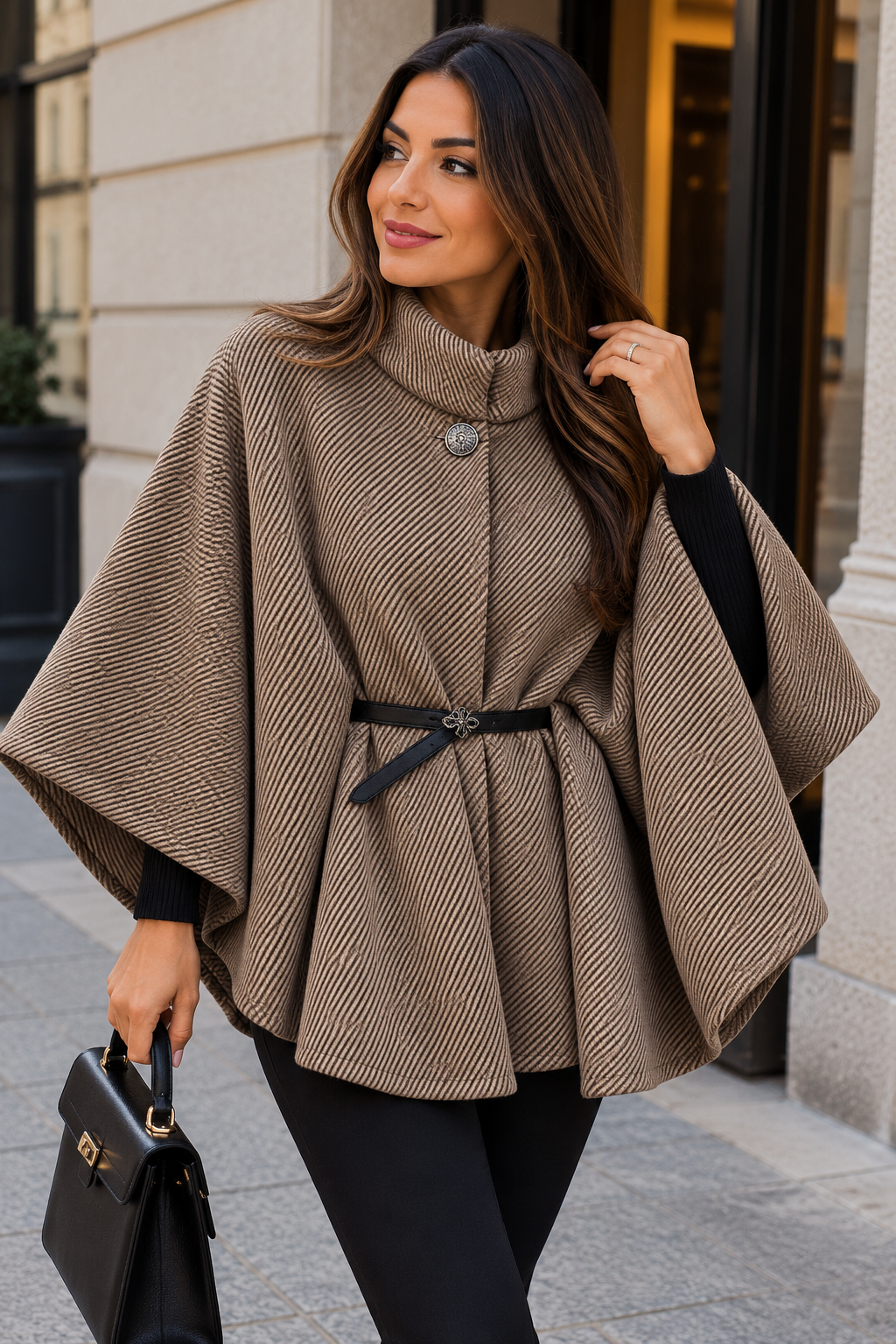 Striped Belted Cape Coat