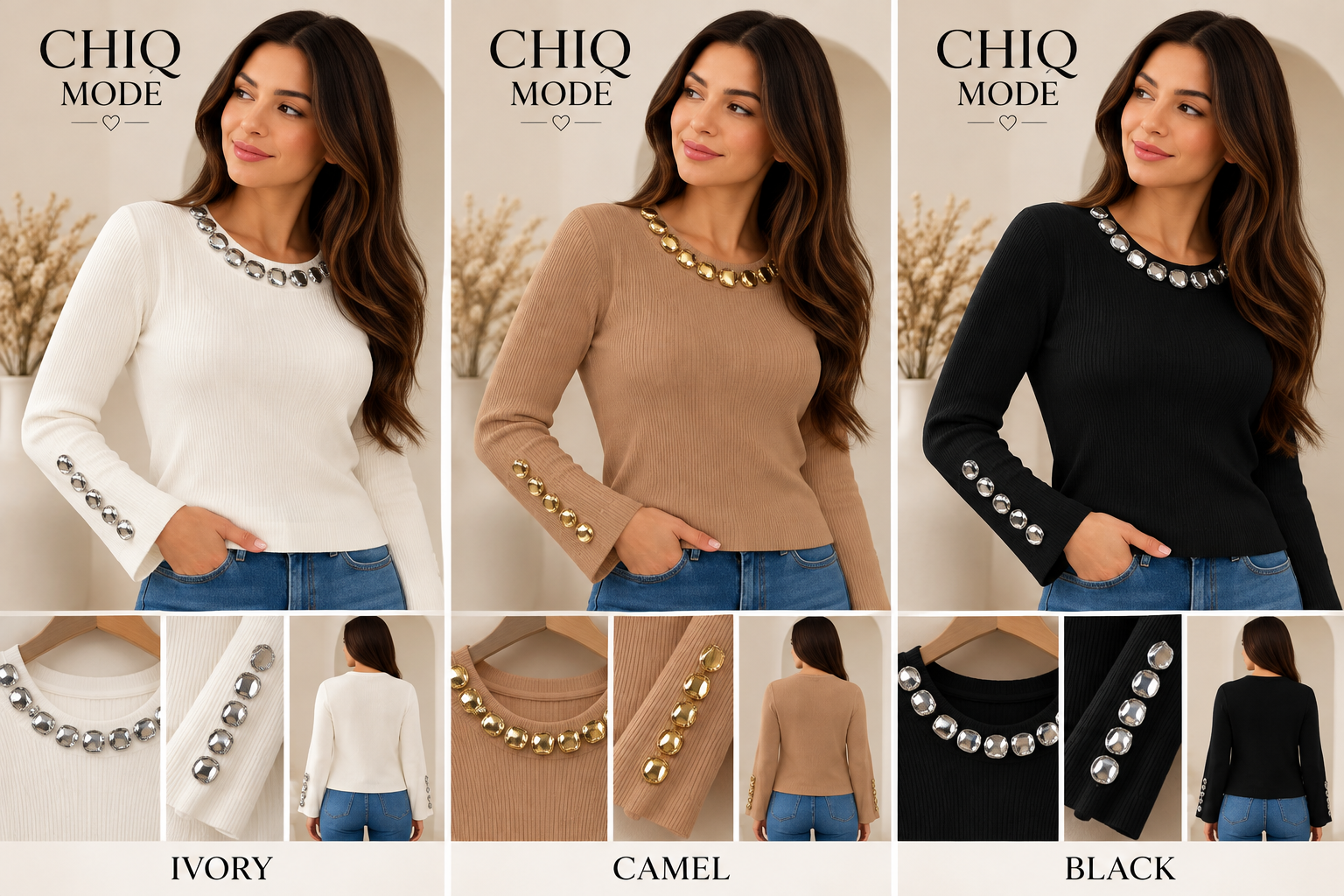 Pull côtelé femme 20661 avec bijoux – ivoire, noir et camel