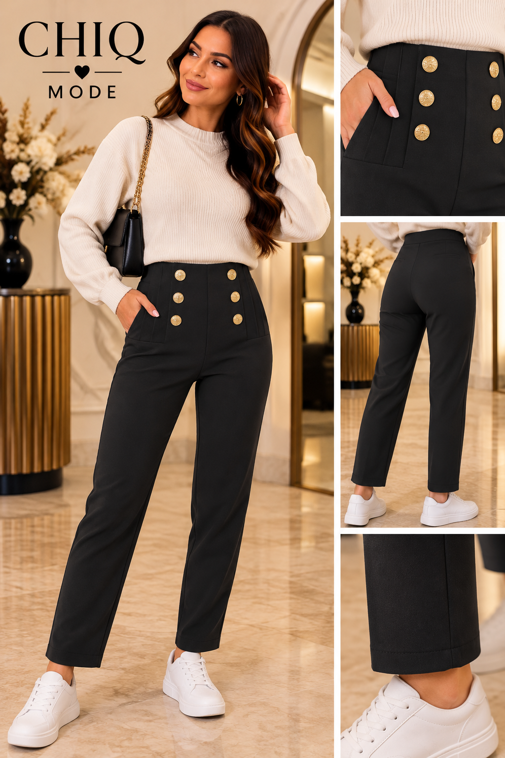 Button Detail Stretch Pants – image 1