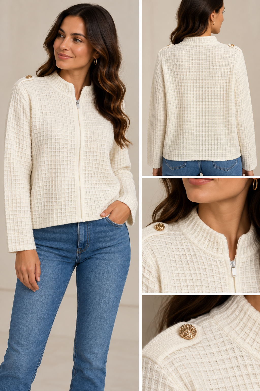 Gilet femme stretch zippé avec boutons dorés aux épaules