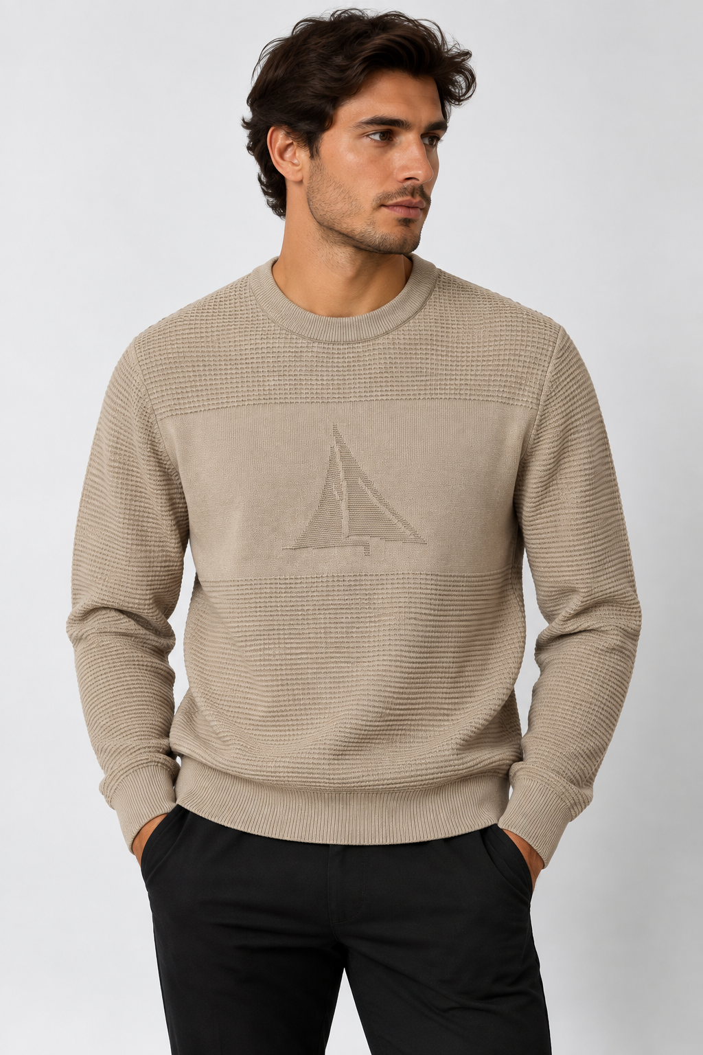 Men's Regular-Fit Sailboat Textured Crewneck Sweater - Image 1