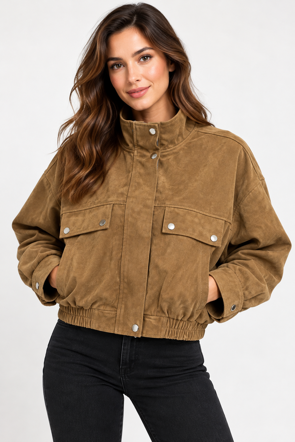 Camel Suede-Look Cropped Jacket