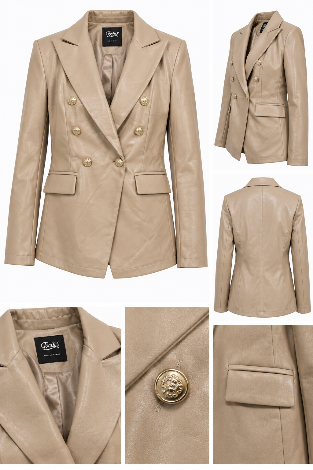 Toxiks Camel Faux-Leather Double-Breasted Blazer