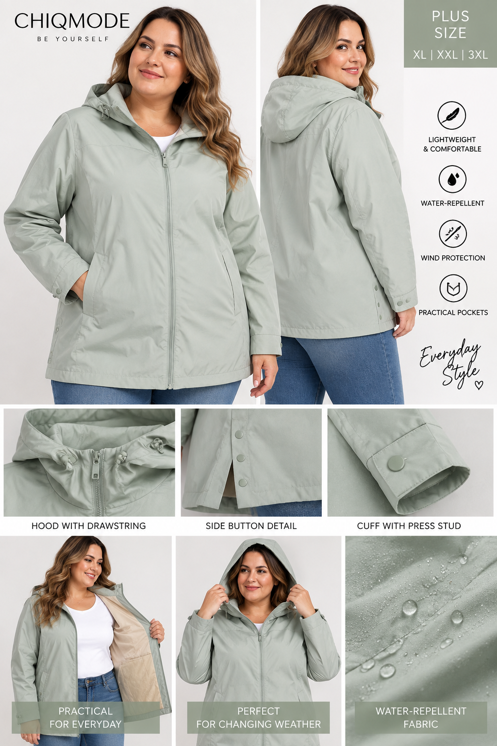 Light Green Plus Size Hooded Jacket