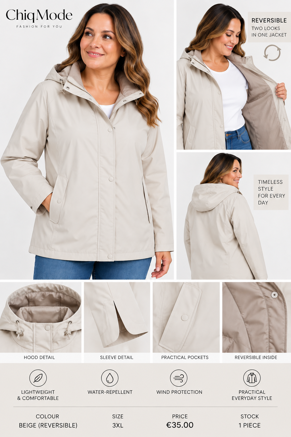 Beige Reversible Hooded Jacket - 3XL