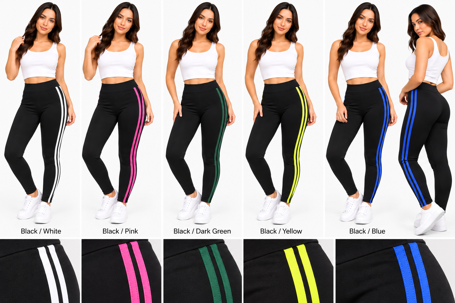 N5230 Women's Black Leggings with Contrast Double Side Stripes